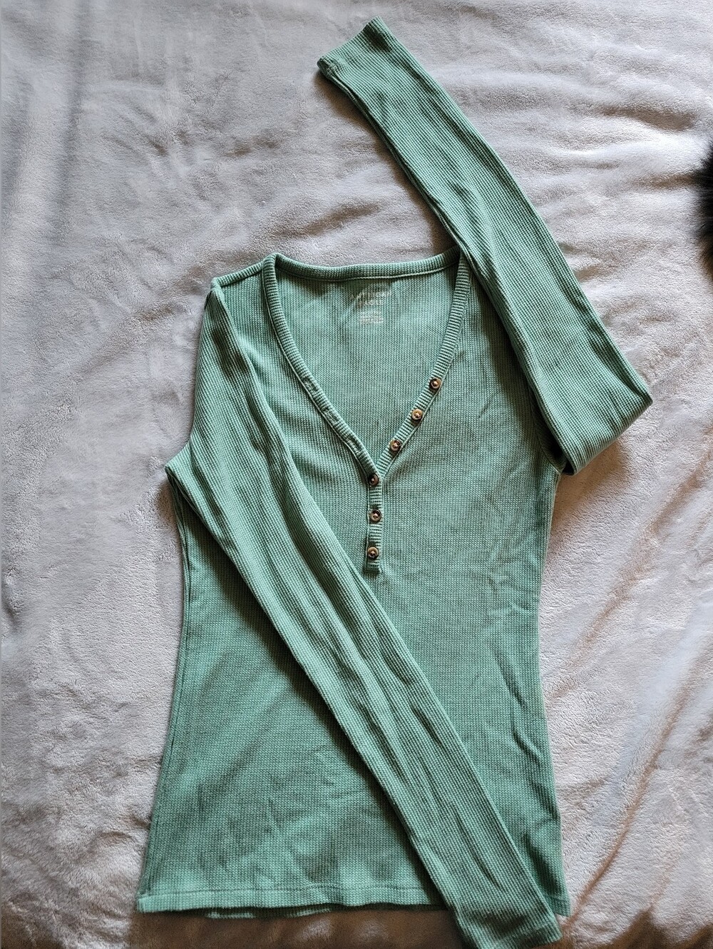 American Eagle Outfitters | Cropped Ribbed Henley Long-Sleeve Top in Sage Green